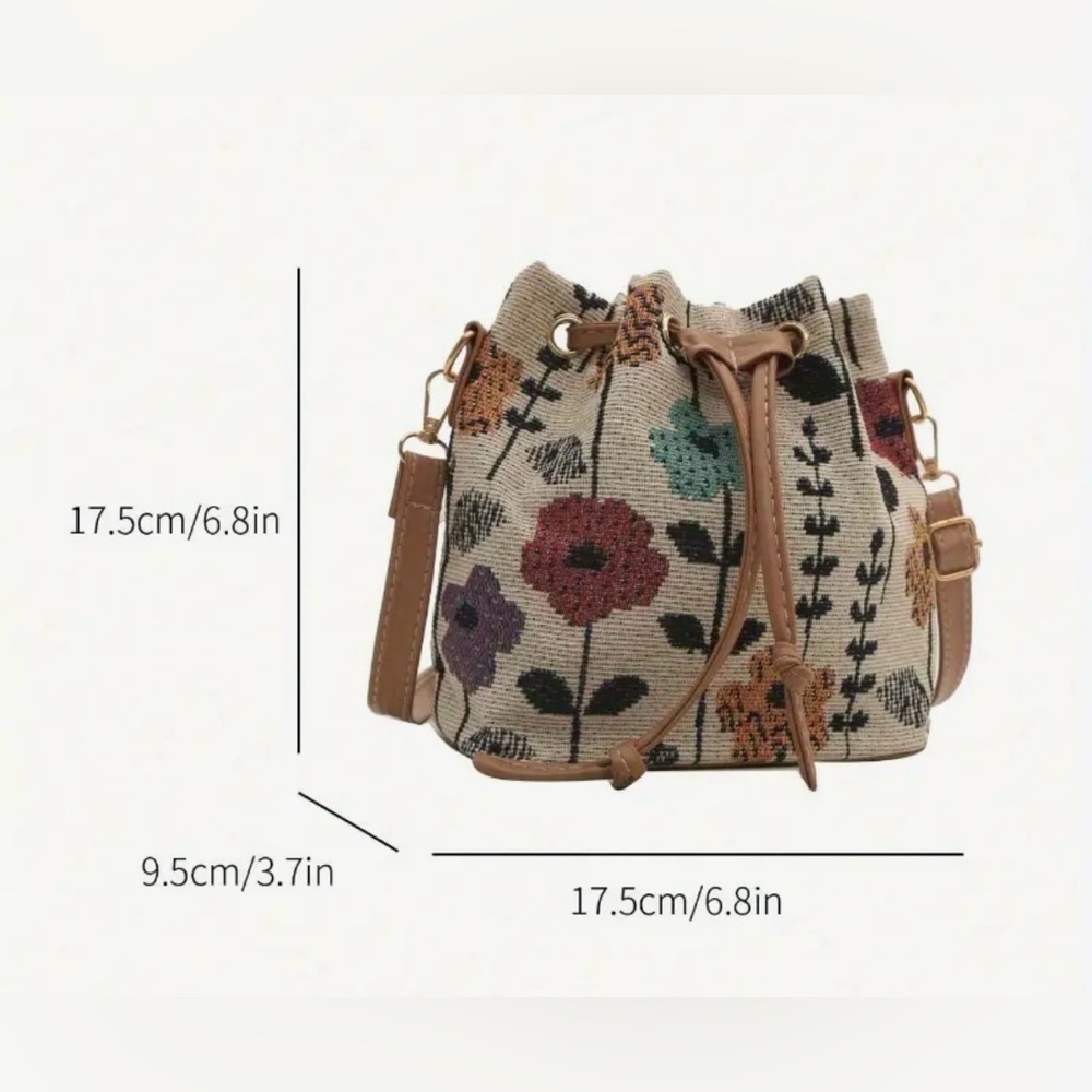 Floral Pattern Fabric Drawstring Small Beige Bohe… - image 6